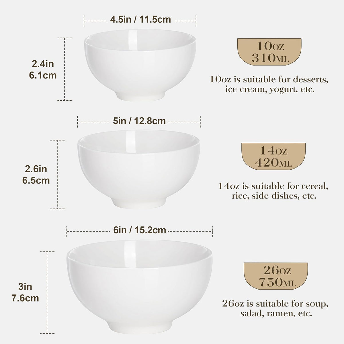 MALACASA Small White Bowls Set of 8, 10 Oz Ice Cream Bowls - Little Ceramic Bowls for Bouillon,Side Dishes, Dessert, Oatmeal, Fruit, Portion Control - Dishwasher & Microwave Safe.