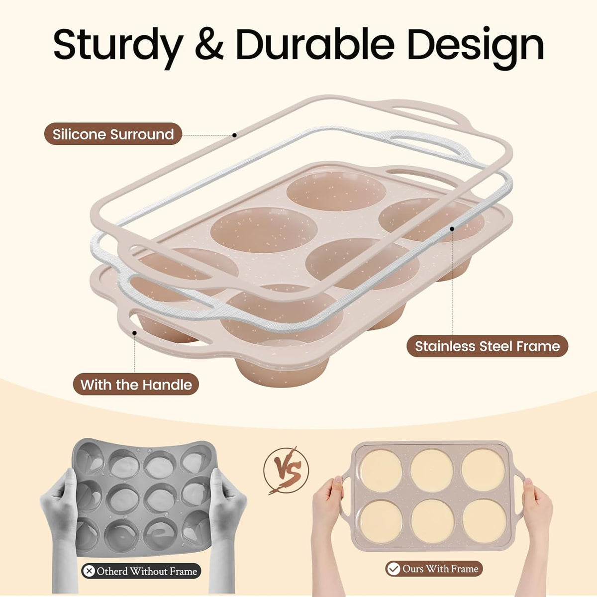 Vinino 2Pack Jumbo Silicone Muffin Pans for Baking with Metal Reinforced Frame, 6 Cups Large Size Nonstick Silicone Cupcake Pan, BPA Free Oven Dishwasher Safe Baking Mold for Muffins Cupcakes