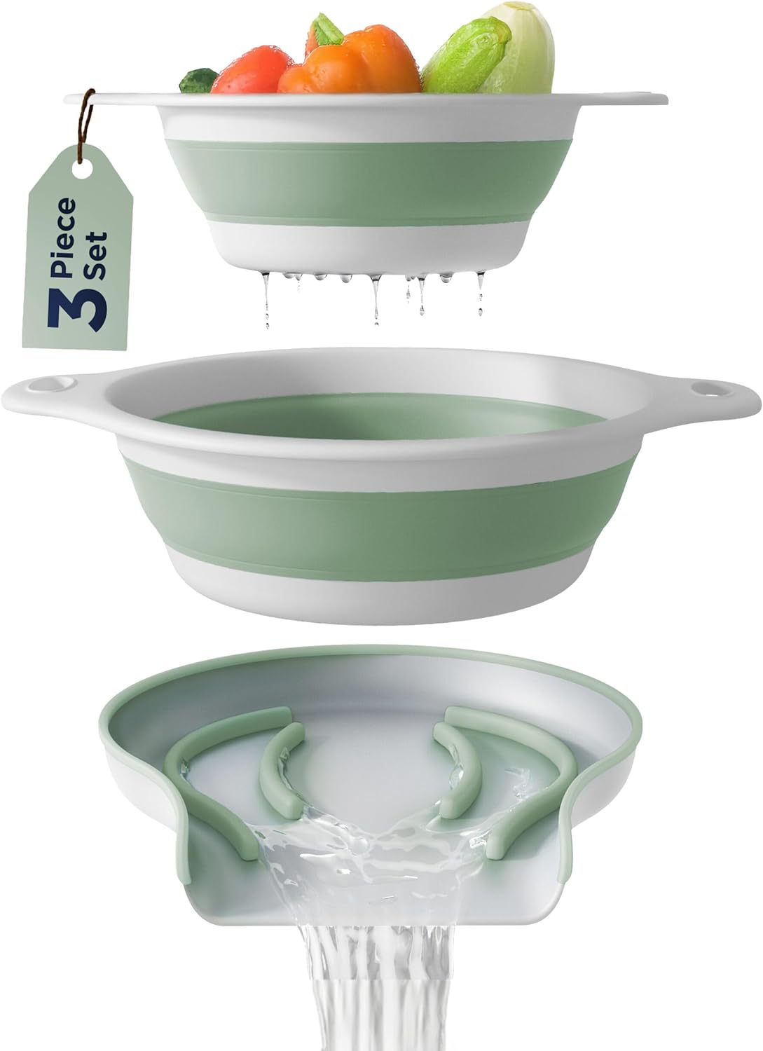Collapsible Colanders (2 Pack Set) Food Strainers with Over-Sink Water Draining Base for Pasta Fruits and Vegetables (4 and 5 Quart) - White/Sage