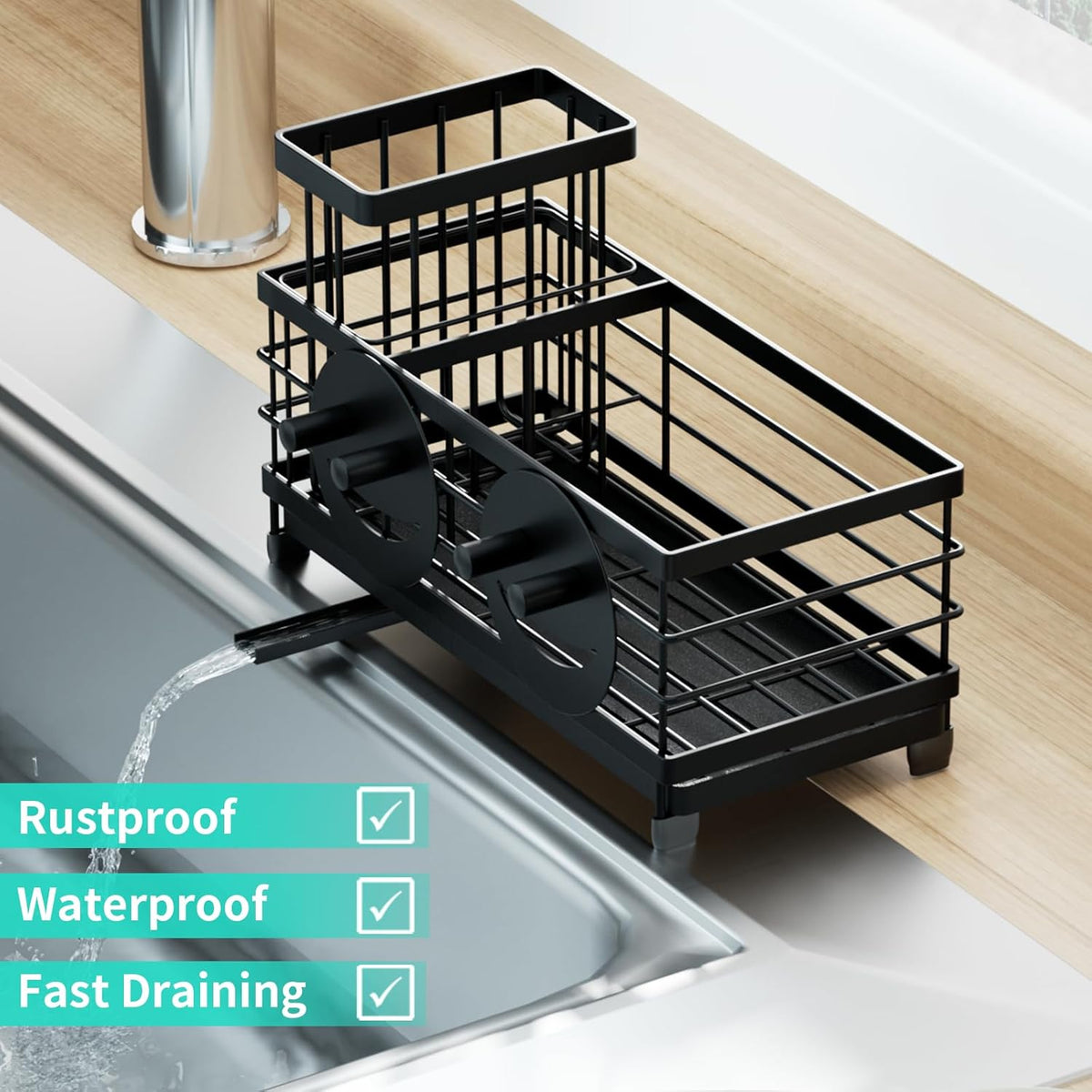 HapiRm Sink Caddy Sponge Holder - Self-draining Kitchen Sink Organizer with Smiley Face and Brush Holder, Stainless Steel Kitchen Sponge Caddy for Countertop - Black