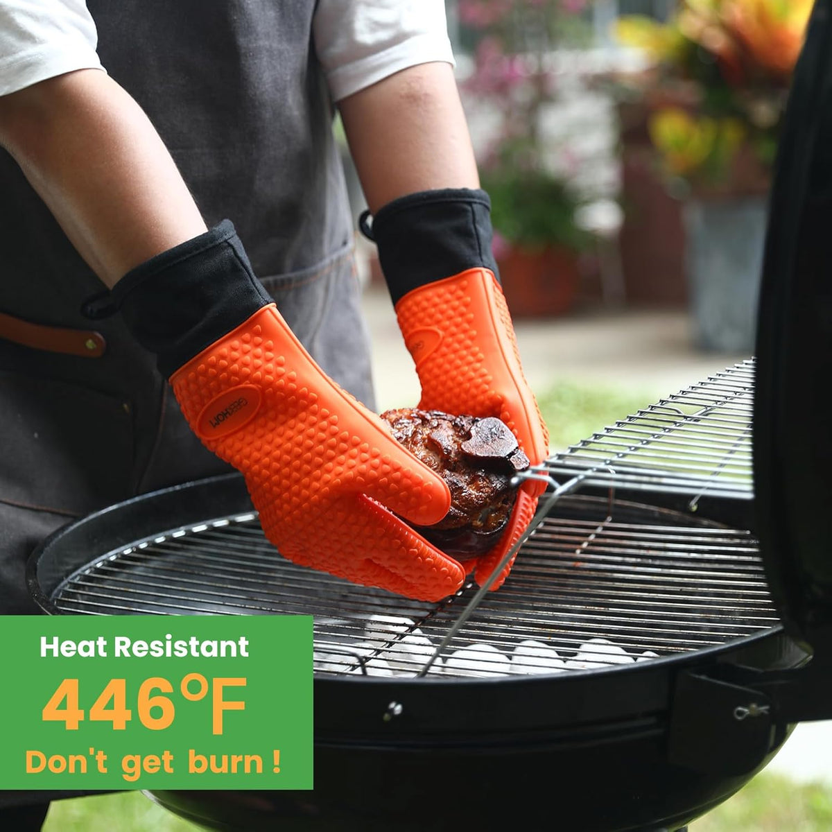 GEEKHOM BBQ Gloves Heat Resistant Oven Mitts - Silicone Grilling Gloves with 14" Long Arm Protection - Waterproof Pot Holder Non-Slip for Men & Women, Kitchen Cooking, Baking, Camping, Orange