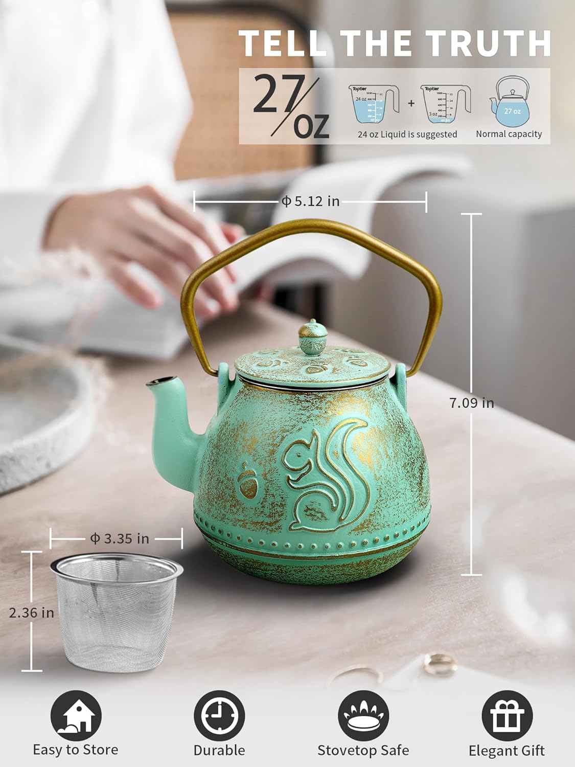 Toptier Teapot with Removable Infuser, Cast Iron Tea Kettle Stovetop Safe, Squirrel Design Tea Pot Coated with Enameled Interior for 32 Ounce (950 ml), Aqua