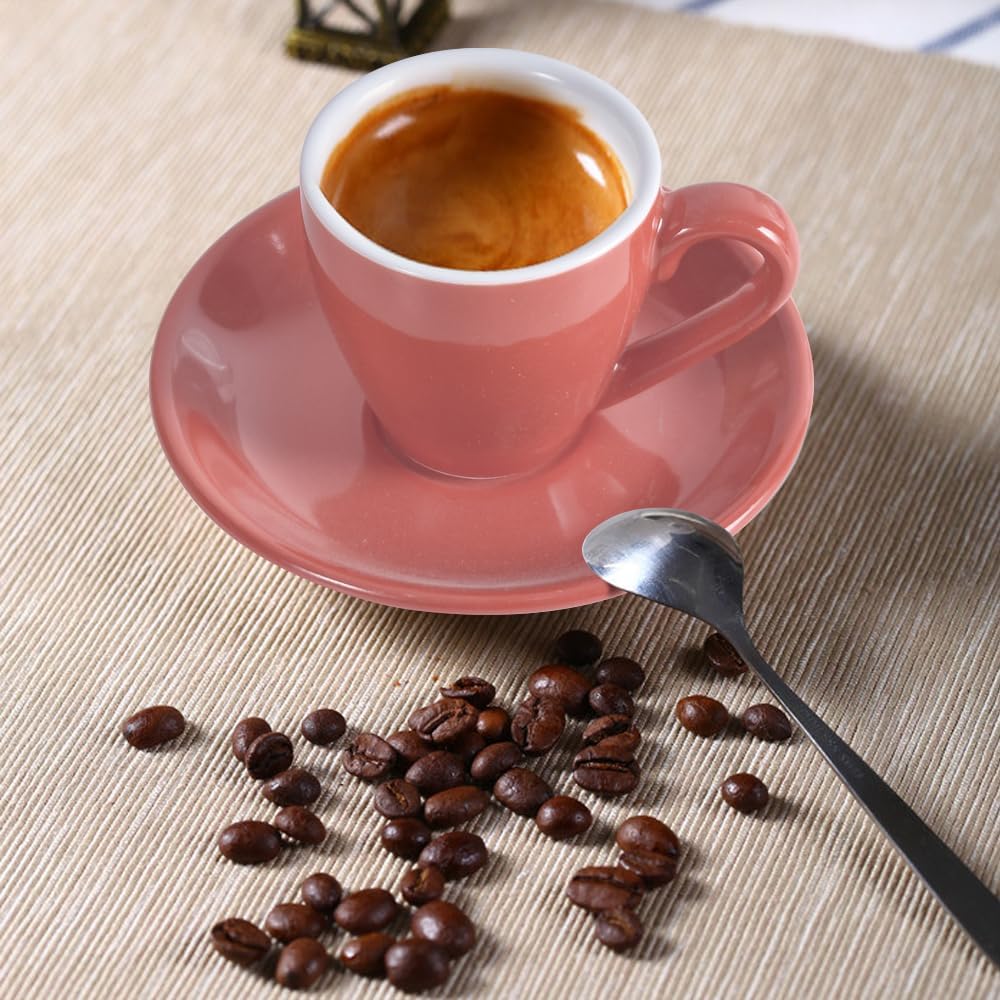 Porcelain Espresso Cup with Saucer And Stainless Steel mini Spoons, Espresso shot Cup, 80ml/2.7Oz, Pack of 2, Pink