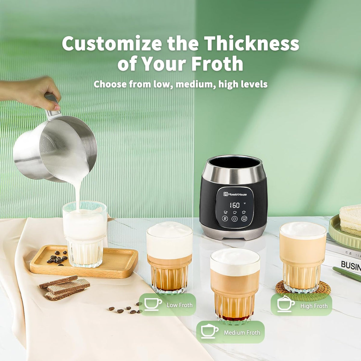 Maestri House Milk Frother, Variable Temp and Froth Thickness DualFro 600 Milk Frother Steamer, 21OZ Smart Touch Control Milk Warmer, Dishwasher Safe, Memory Function for Latte&Hot Chocolate (Black)