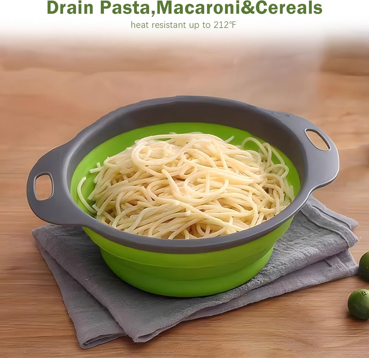 Collapsible Colander Set of 2 Silicone Kitchen Strainer Set, Perfect for Draining Pasta, Vegetable and fruit for Kitchen and Travel Use (green)