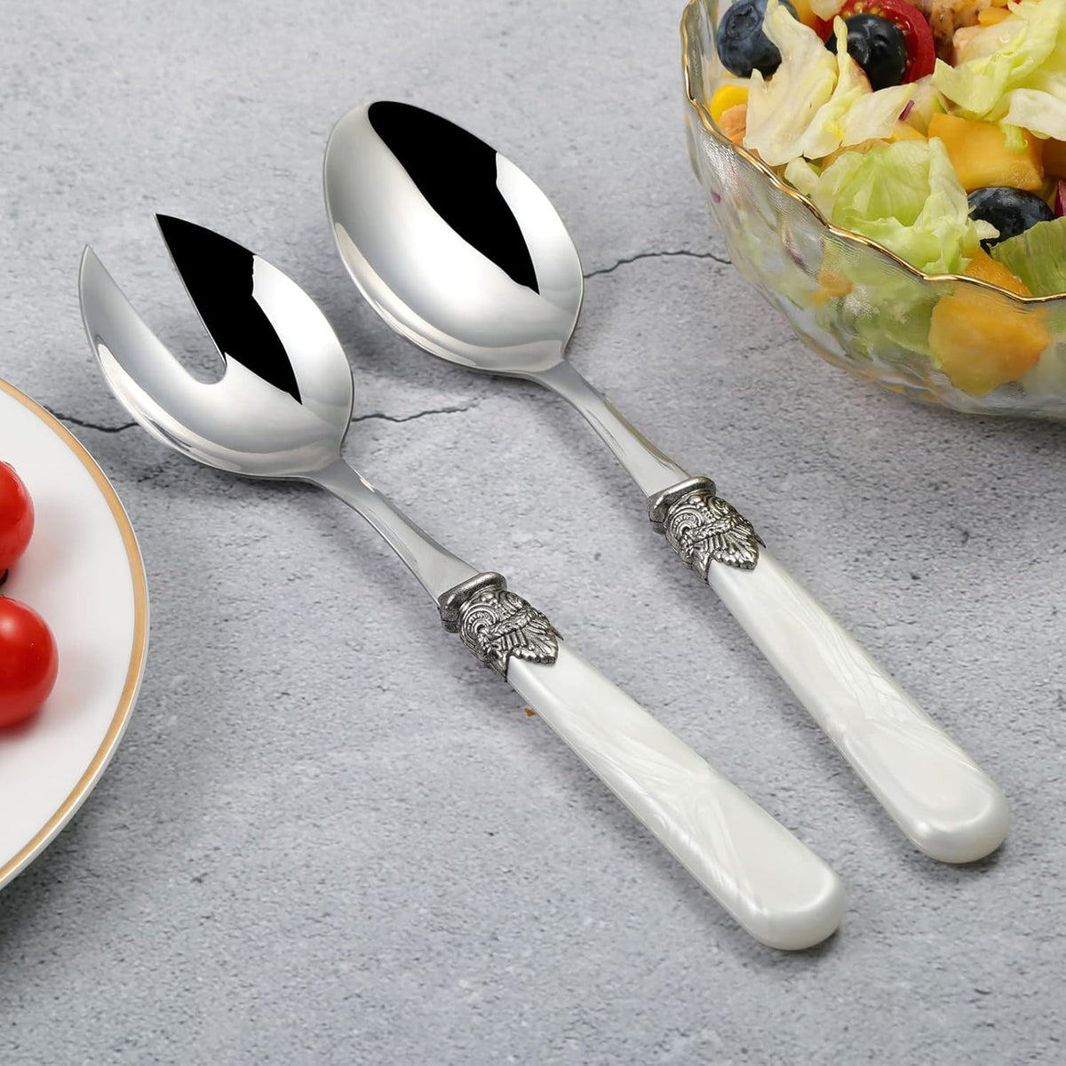 2-piece Salad Servers Stainless Steel Salad Serving Set Salad Fork and Spoon (White)