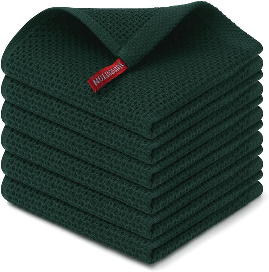 Kitinjoy 100% Cotton Kitchen Dish Cloths, 6 Pack Waffle Weave Ultra Soft Absorbent Dish Towels for Drying Dishes Quick Drying Kitchen Towels Dish Rags, 12 X 12 Inches, Blackish Green