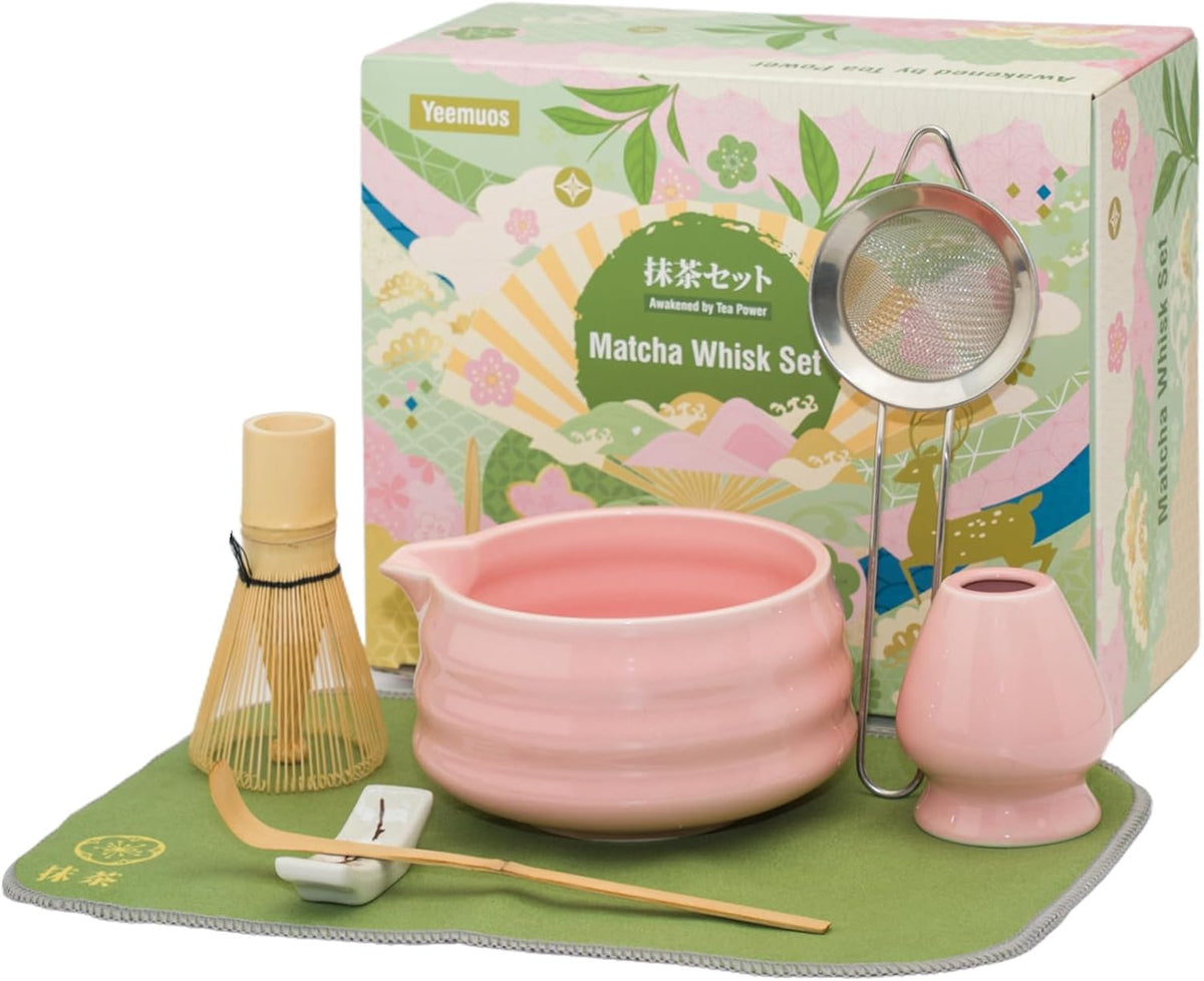 Matcha whisk Set,7 Pcs Matcha Making Kit with whisk Whisk, Ceramic Bowl, Sifter, Scoop, Holder, Stand, and Tea Towel for Ultimate Matcha Experience(Pink)