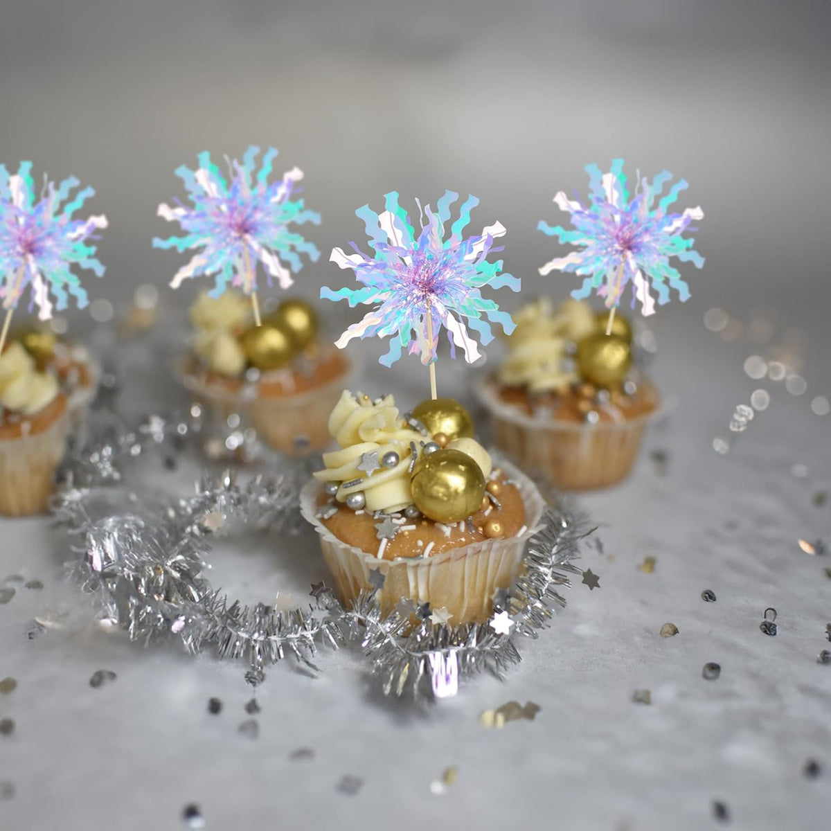 Gyufise 20Pcs Foil Firework Cupcake Toppers Happy Birthday Cake Toppers Sparkle Tinsel Flower Drink Stirrers Cocktail Food Fruit Toothpicks for Valentine's Day Party Supplies Light Blue