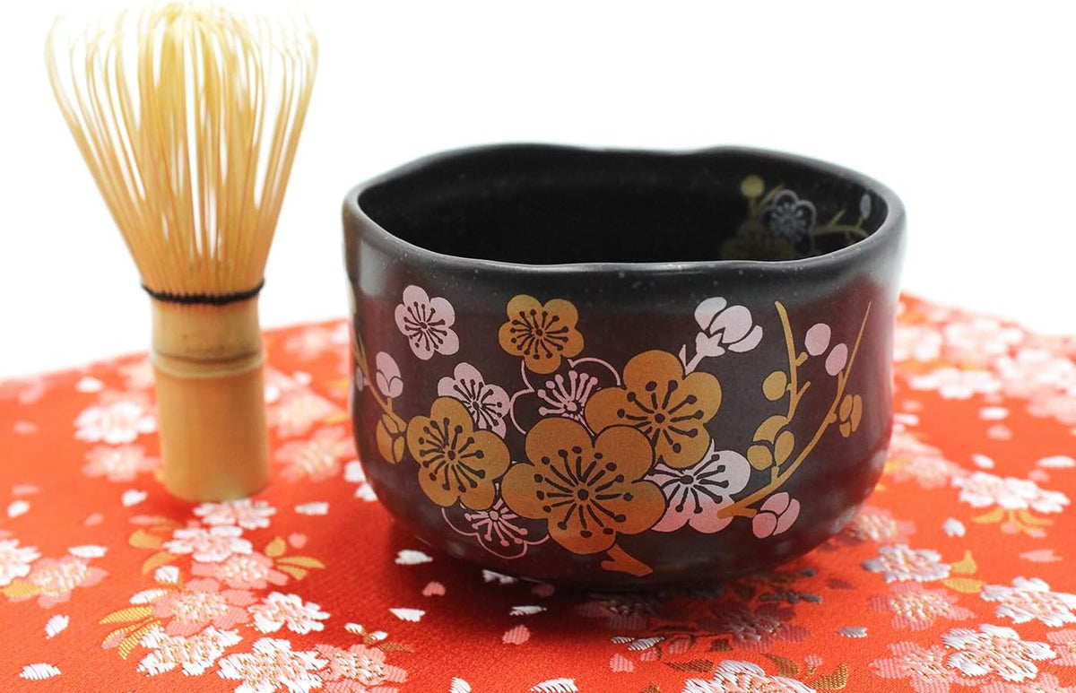 Japanese Traditional Mino Ware Handcrafted Mini Matcha Chawan Tea Bowl Cup Set With Chasen Bamboo Tea Whisk Ceremony Tableware Pottery (Tenmoku Ume)