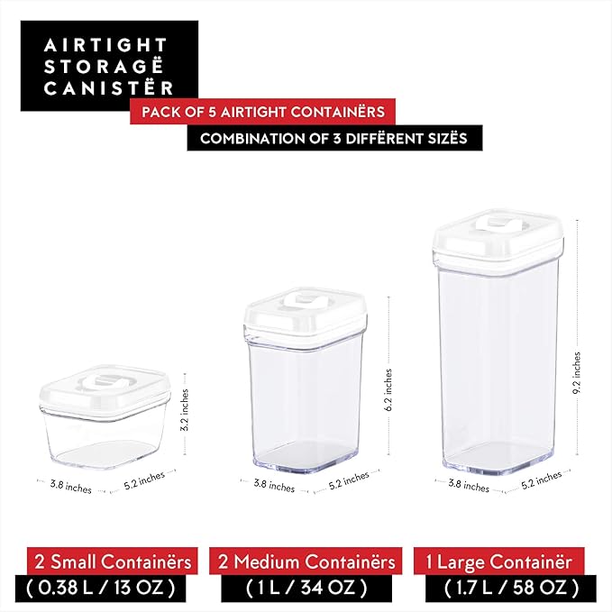 DWËLLZA KITCHEN Airtight Food Storage Containers with Lids - 5 Piece Set - Kitchen Accessories - Pantry Organization and Storage Containers for Food - Clear BPA-Free - Keeps Food Fresh & Dry
