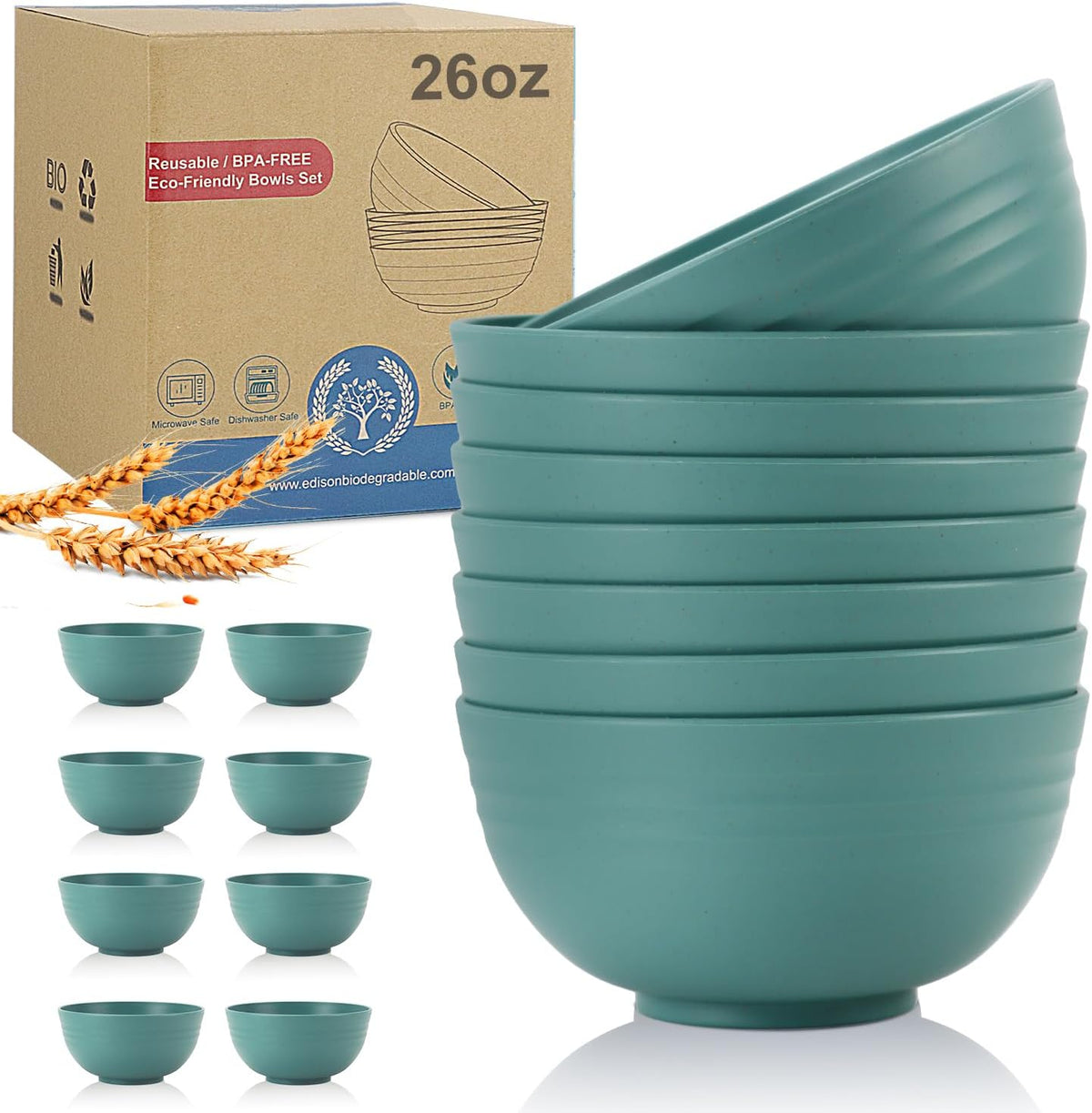 Wheat Straw Bowl Sets,8 PCS Unbreakable Cereal Bowls 26 OZ,Microwave and Dishwasher Safe Bowls,Kids Bowl suitable for cereal,salad,snack and soup (Green)