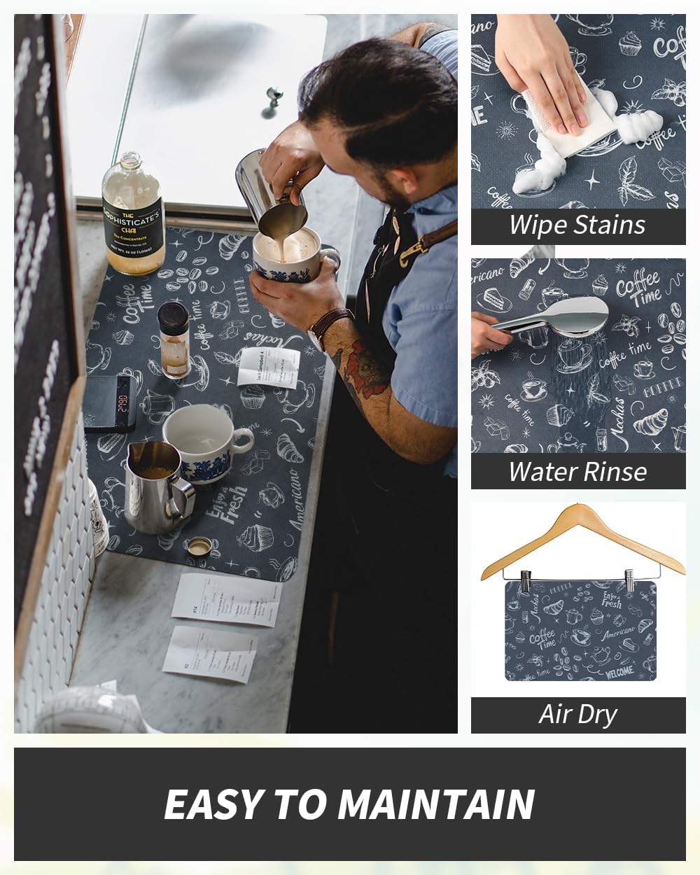 AMOAMI Coffee Mat Hide Stain Rubber Backed Absorbent Dish Drying Mat for Kitchen Counter - Fits Under Coffee Maker & Machine - Dust Blue (17X31.5)