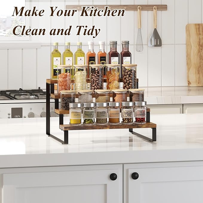 Spice Rack Organizer for Cabinet, 4 Tier Wooden Display Riser Stand, Rustic Cologne Stand for Men, Tiered Perfume Holder, Display Shelf for Candles
