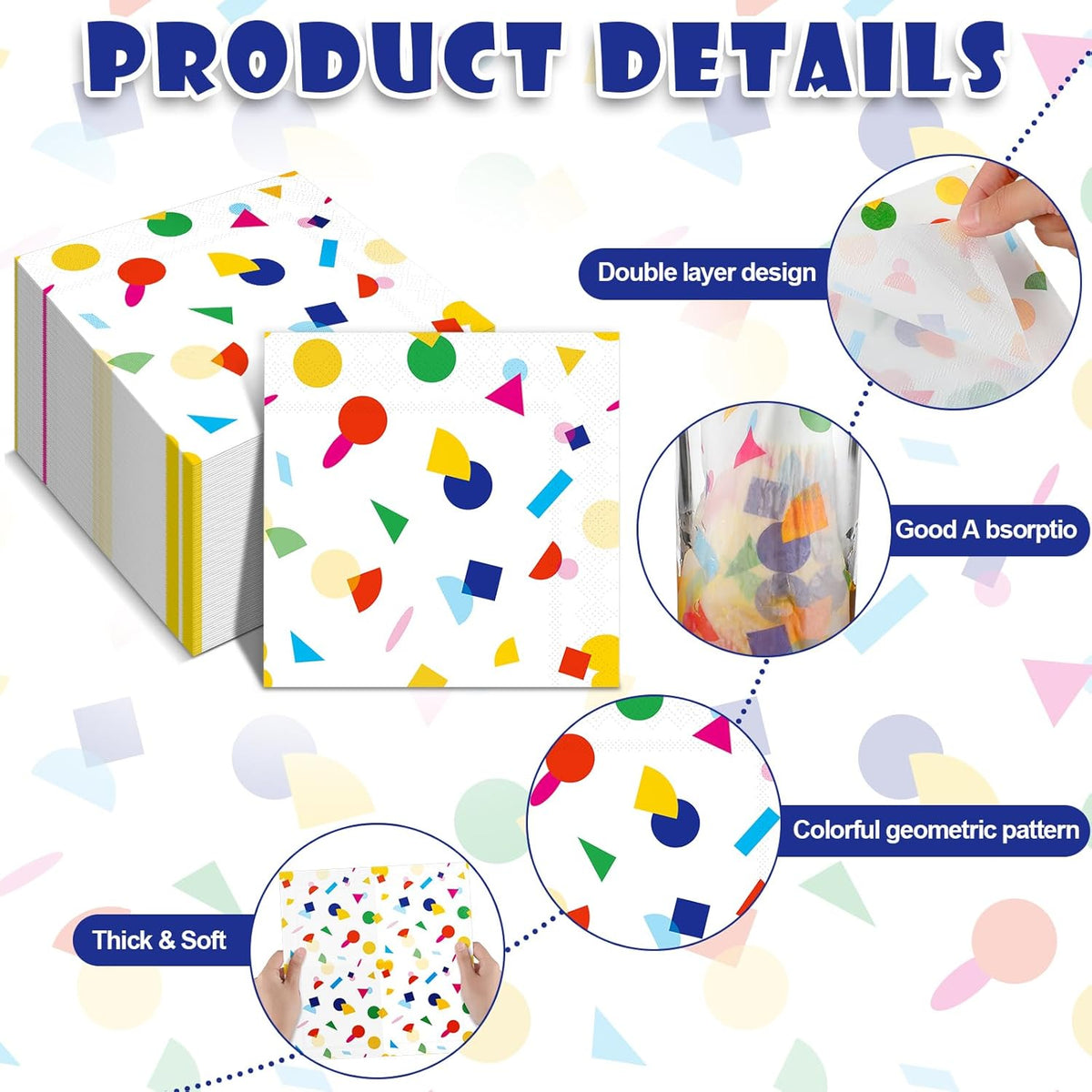 100 Pcs Sprinkles Napkins 2 Ply Disposable Paper Napkins for Baby Shower Birthday Party Theme Table Decor Supplies(White,Rainbow Dot)