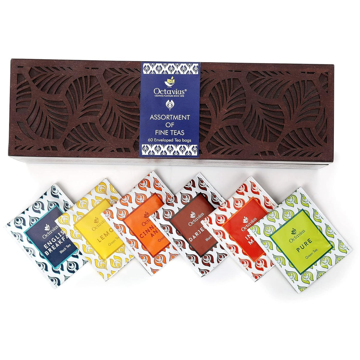 Octavius Gift's Select - Assorted Tea in Leafcut Design Wooden Box | 6 Flavors, 60 Tea Bags | Black & Green | Premium Tea Gifts for Women & Men | Pack of 1