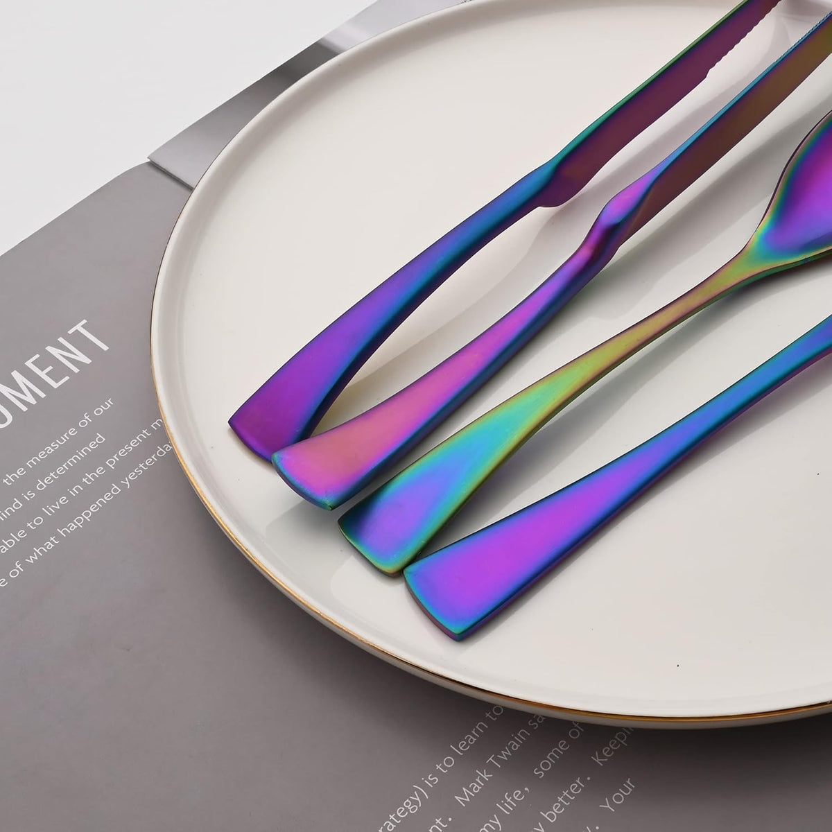 Luxury 18/10 Stainless Steel Matte Rainbow Colorful Cutlery Flatware Set - Utensil Set Steak Spoons and Forks Knife Silverware Set,Service for 4 (24-Piece)