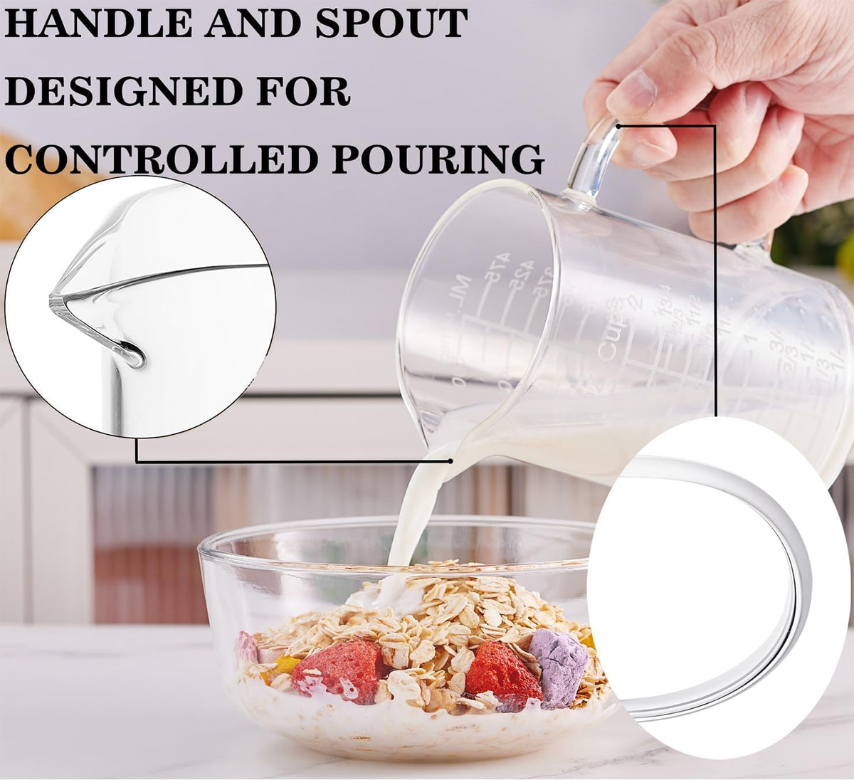 Ackers Etched Graduated Glass Measuring Cup - [Insulated Handle | V-Shaped Spout] - High Borosilicate Glass Measuring Cup for Kitchen or Dining, Easy to Read, 500 ML (16 Oz, 2 Cup)