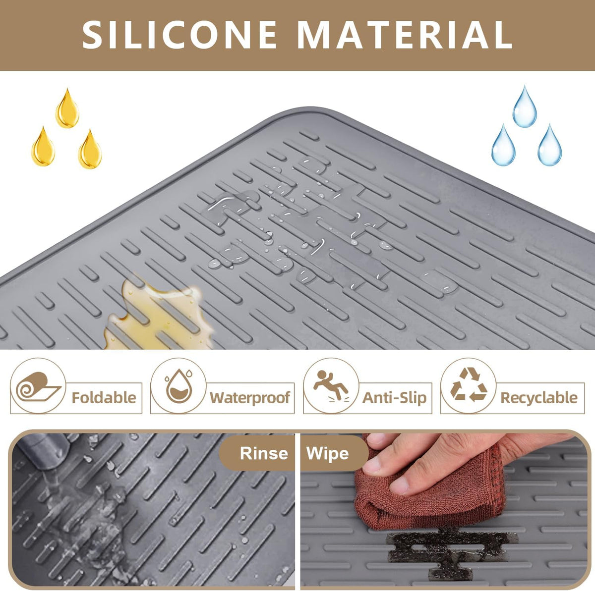 Golener Silicone Large Dish Drying Mat - 28" x 20" Stove Top Protector for Electric Stove, Food Grade, Foldable, Easy Clean, Heat-resistant Silicone Mat for Glass Stove Cooktop, Stove Top Cover, Grey