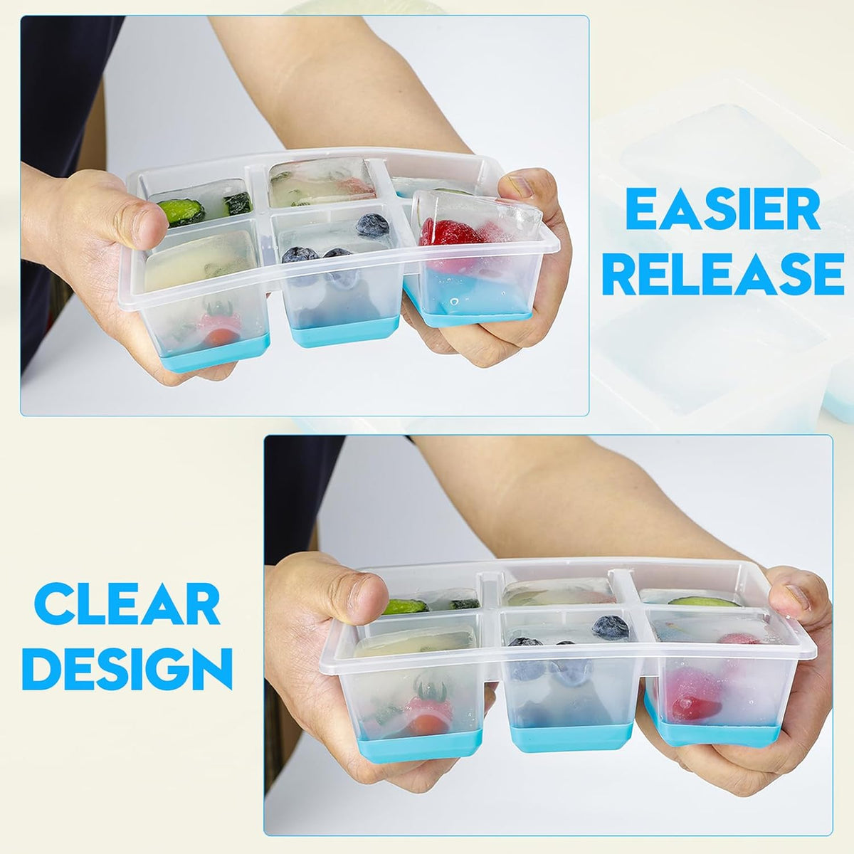 Ice Cube Trays 2 Pack, JRISBO Large Silicone Ice Cube Molds with Leak-Proof Lid, Transparent TPE Frame & Easy Release Bottom, Stackable Freezer Ice Trays for Whiskey, Cocktails, Soup, BPA Free