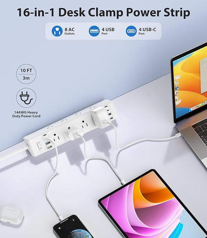 40W Fast Charging Station,Desk Clamp Power Strip 20W USB C,8 Outlets,8 USB Ports,4 USB C and 4 USB A, Office Furniture Surge Protector, 14AWG Cord, Fits 1.9" Tabletop Edge (White, 10FT Length)