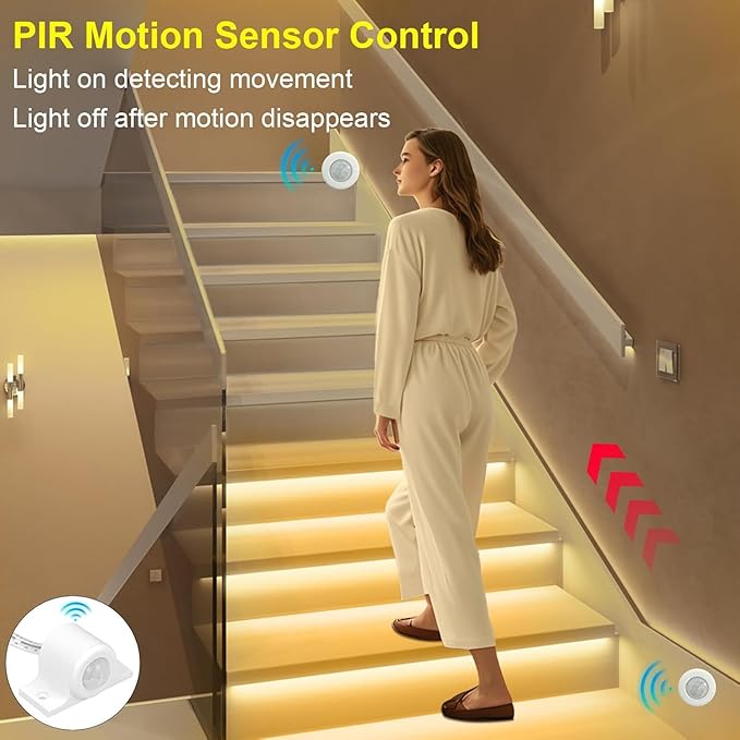 Motion Sensor LED Stair Light Kit, Multiple Working Mode Step Lights Including 3.28ft Cuttable COB LED Strips Indoor (16Stairs,3000K)