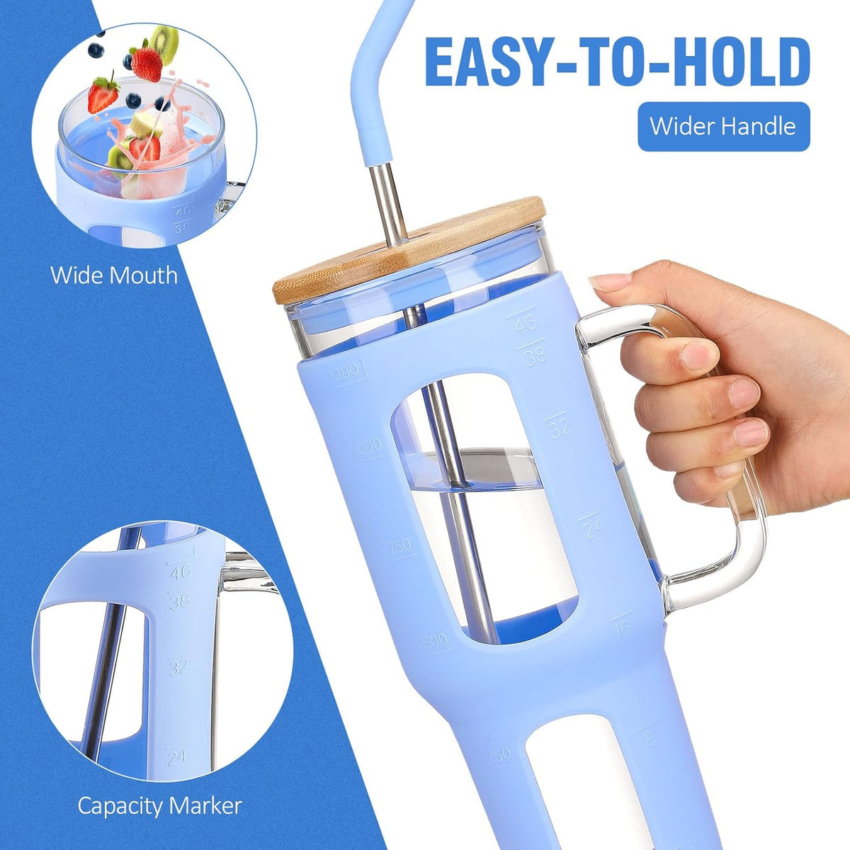 Glass Tumbler with Lid and Straw, 46 oz Iced Coffee Cup with Handle, Large Water Bottles with Silicone Sleeve, Glass Cup with Straws - Pearl Straw & Drinking Straw BPA Free-Glacier