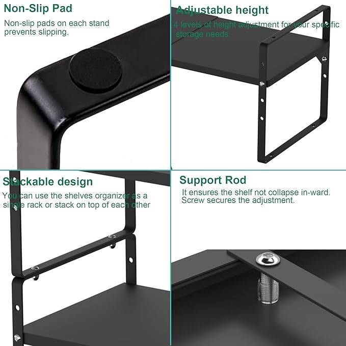 iPEGTOP Expandable Cabinet Storage Shelf Organizer, Heavy Duty Steel Metal Spice Rack Adjustable Height Home Office Garage Pantry Shelf Space Riser for Counter Kitchen Organization, Black, 1 Pack