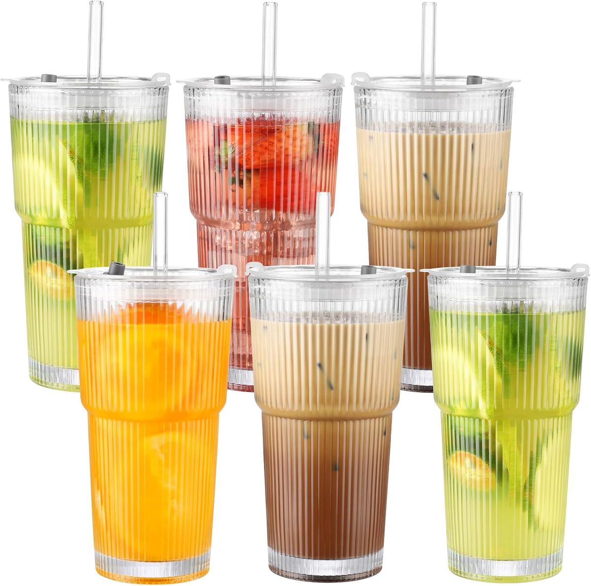 20 oz Glass Cups with Lid and Straw 2 Set, Glass Tumbler with Straw and Lid, Vintage Glassware for Whiskey Cocktail Beer, Iced Coffee Cups with Lid (6 PACK)