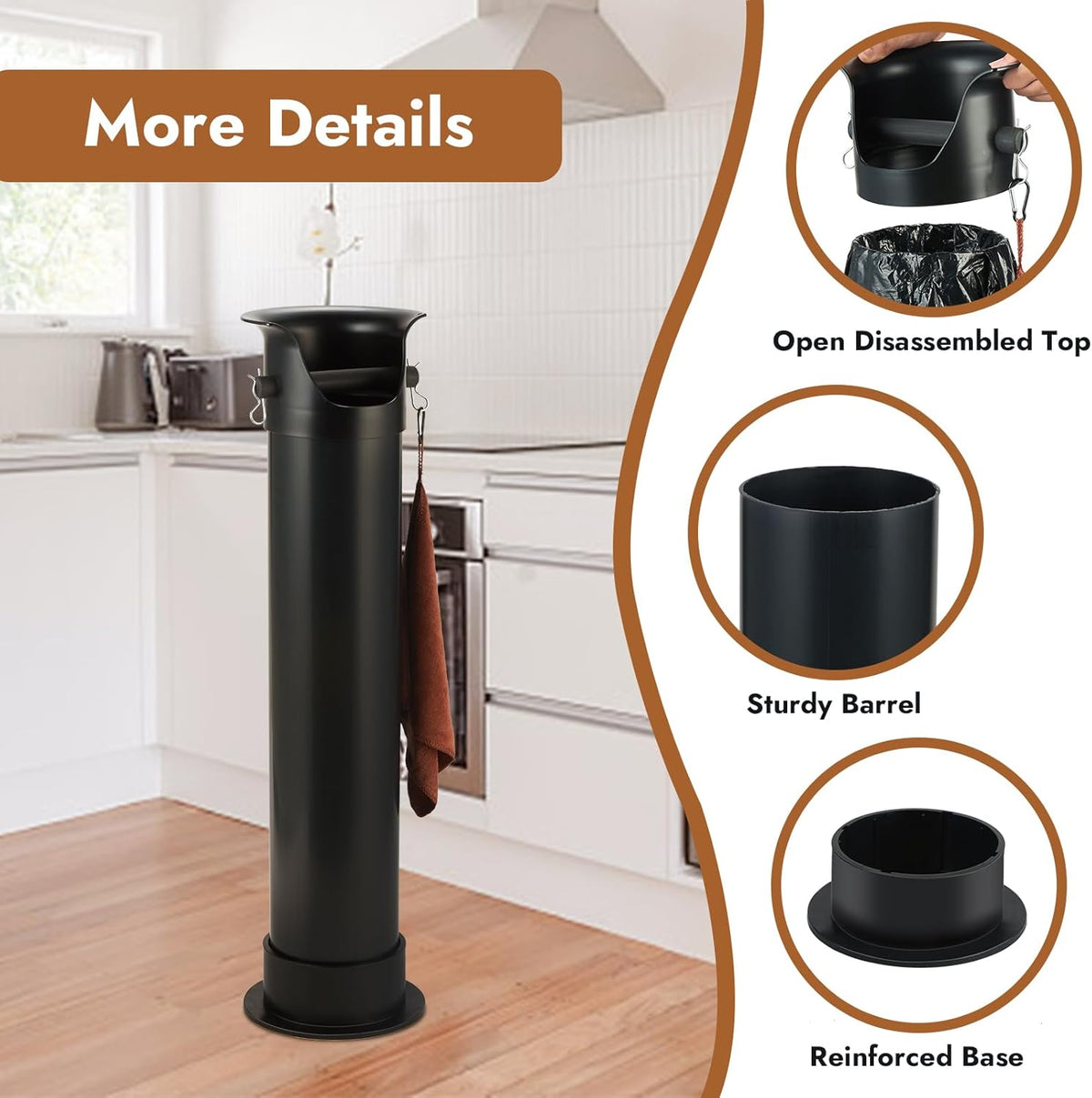 CURTA Espresso Coffee Knock Box with Garbage Bags(30Pcs), Commercial Knock Box for Coffee Grounds, Coffee Shop Kitchen Bar, Black, Extra Large Collection Dump Bin