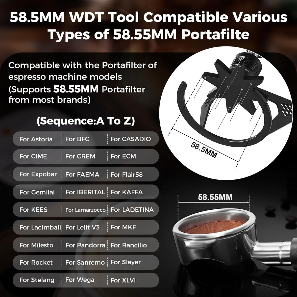 IKAPE Mantis WDT Distribution Tool, V3-58.5mm Espresso Stirrer Distribution Tool for Barista - 8 Needle Espresso Stirrer with Dosing Funnel & Stand, Adjustable Needle Height, Walnut Handle