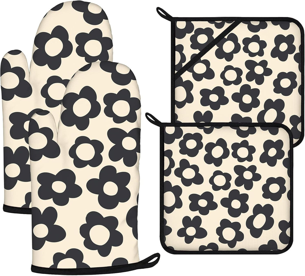 Daisy Flowers Oven Mitts and Pot Holders Sets 4Pcs,Extra Long Oven Gloves Potholder for Kitchen Cooking Baking BBQ 100% Cotton Heat Resistant