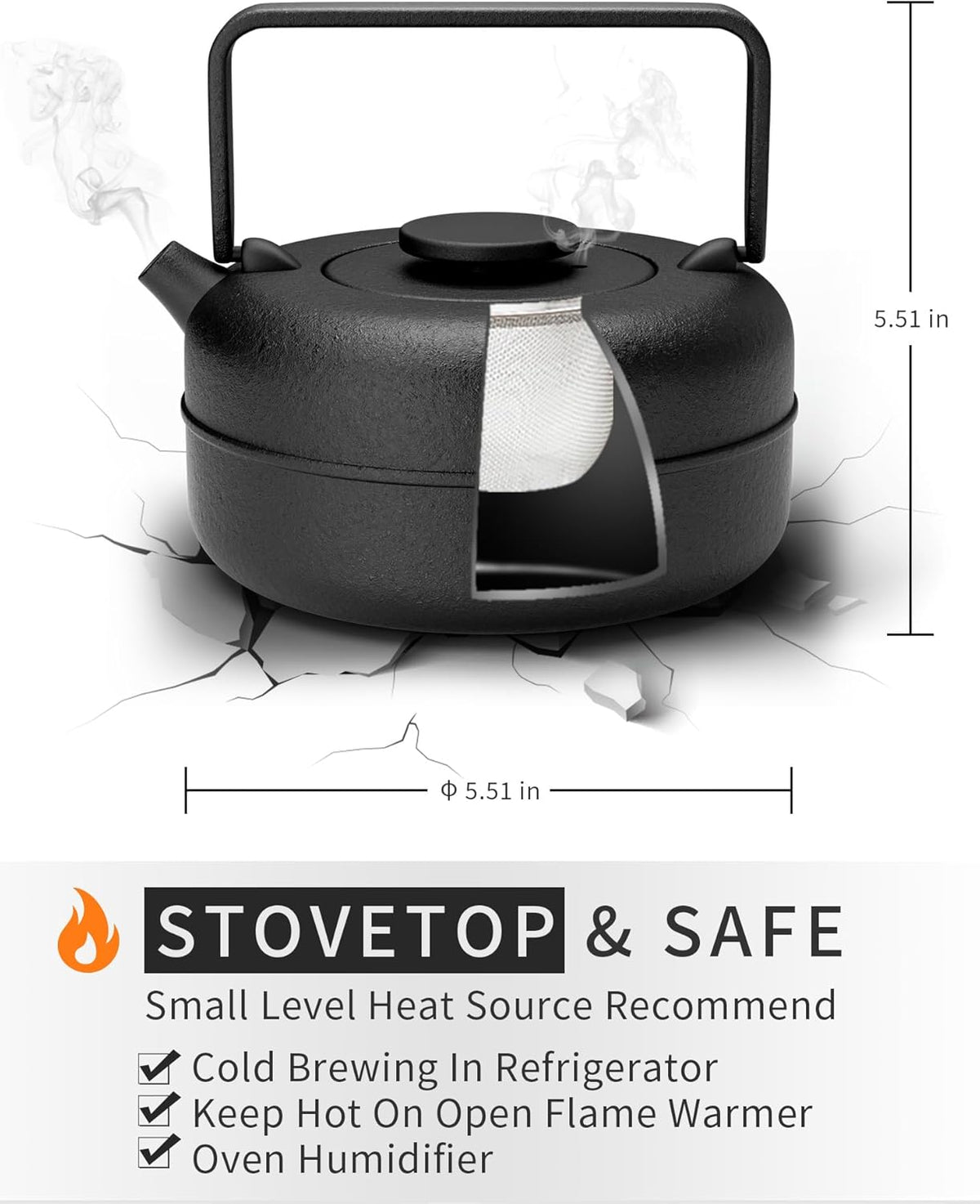 Toptier Teapot with Removable Infuser, Cast Iron Tea Kettle Stovetop Safe, Solid Geometry Cylinder Design Tea Pot Coated with Enameled Interior for 27 Ounce (800 ml), Black