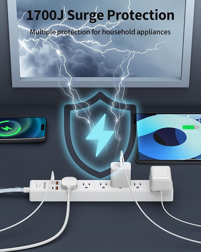15 Ft Power Strip Surge Protector - 7 Outlets 4 USB Ports (2 USB C), Ultra Thin Flat Extension Cord & Flat Plug, 1700 Joules, Wall Mount, Desk Charging Station for Home Office Dorm, White