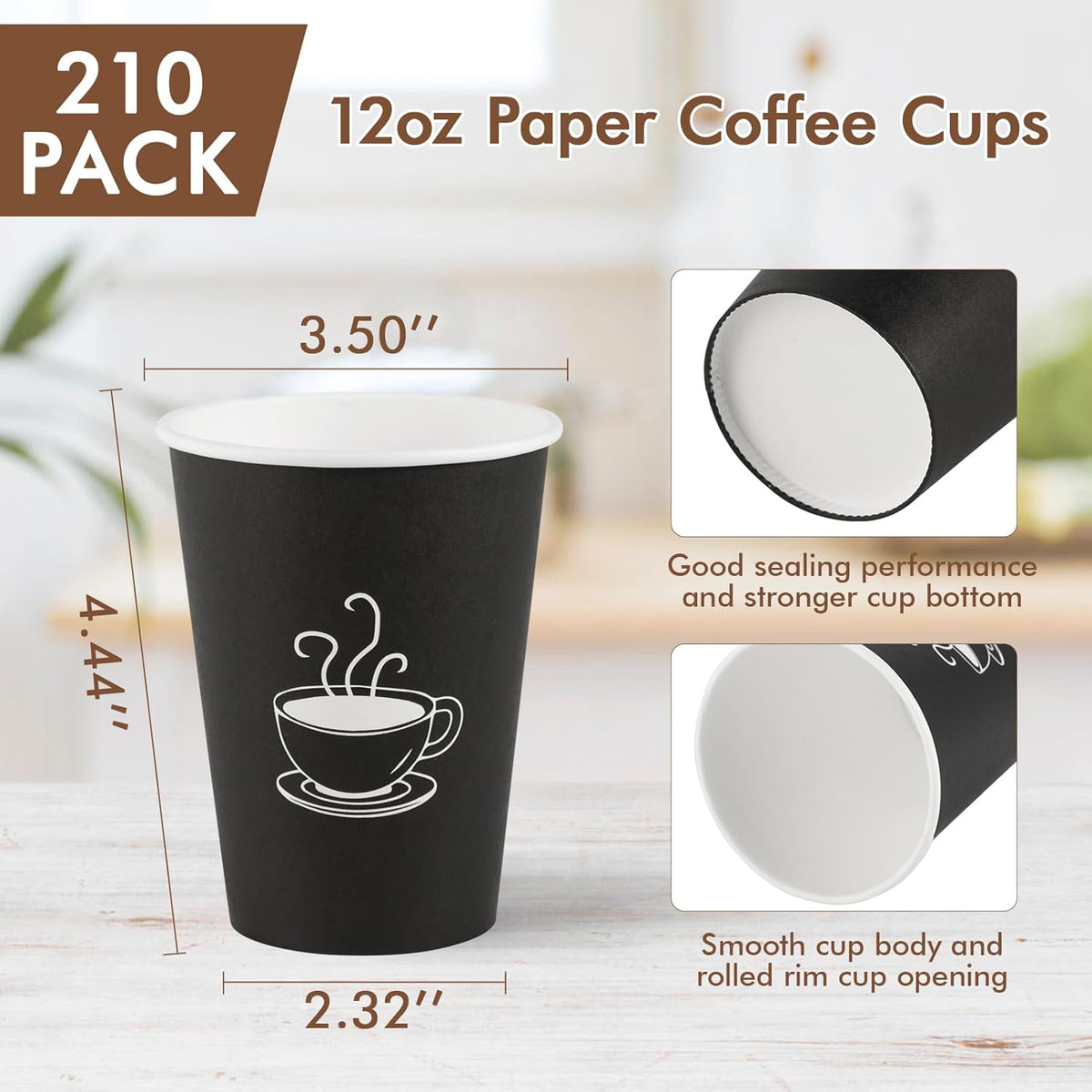 12 oz 210 Pack Paper Coffee Cups, Disposable Black Paper Cups for Hot Drinking, Water, Tea, Used for Cafes, Offices, and Events