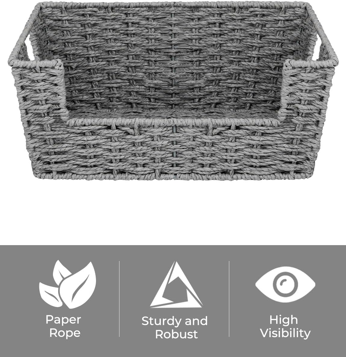 StorageWorks Round Paper Rope Woven Basket for Pantry Organizers and Storage, Stackable Wicker Pantry Baskets for Shelves, Grey, 2-Pack