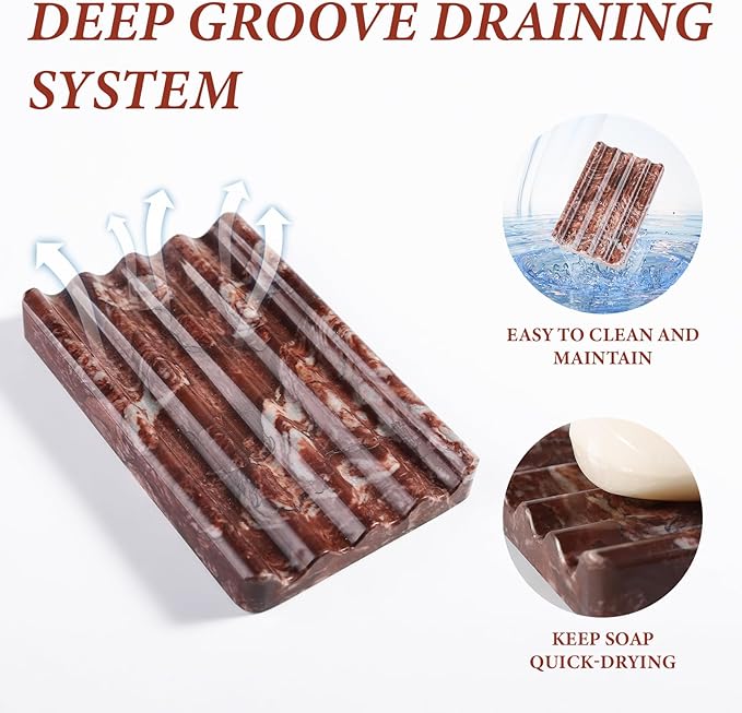 Koville Natural Marble Soap Dish for Shower, Red Marble Soap Tray for Bathroom, Bar Soap Holder for Sink, Stripe Grooves Saver Stone Soap Dish Keep Soap Bars Dry Easy Clean(Red Storm)