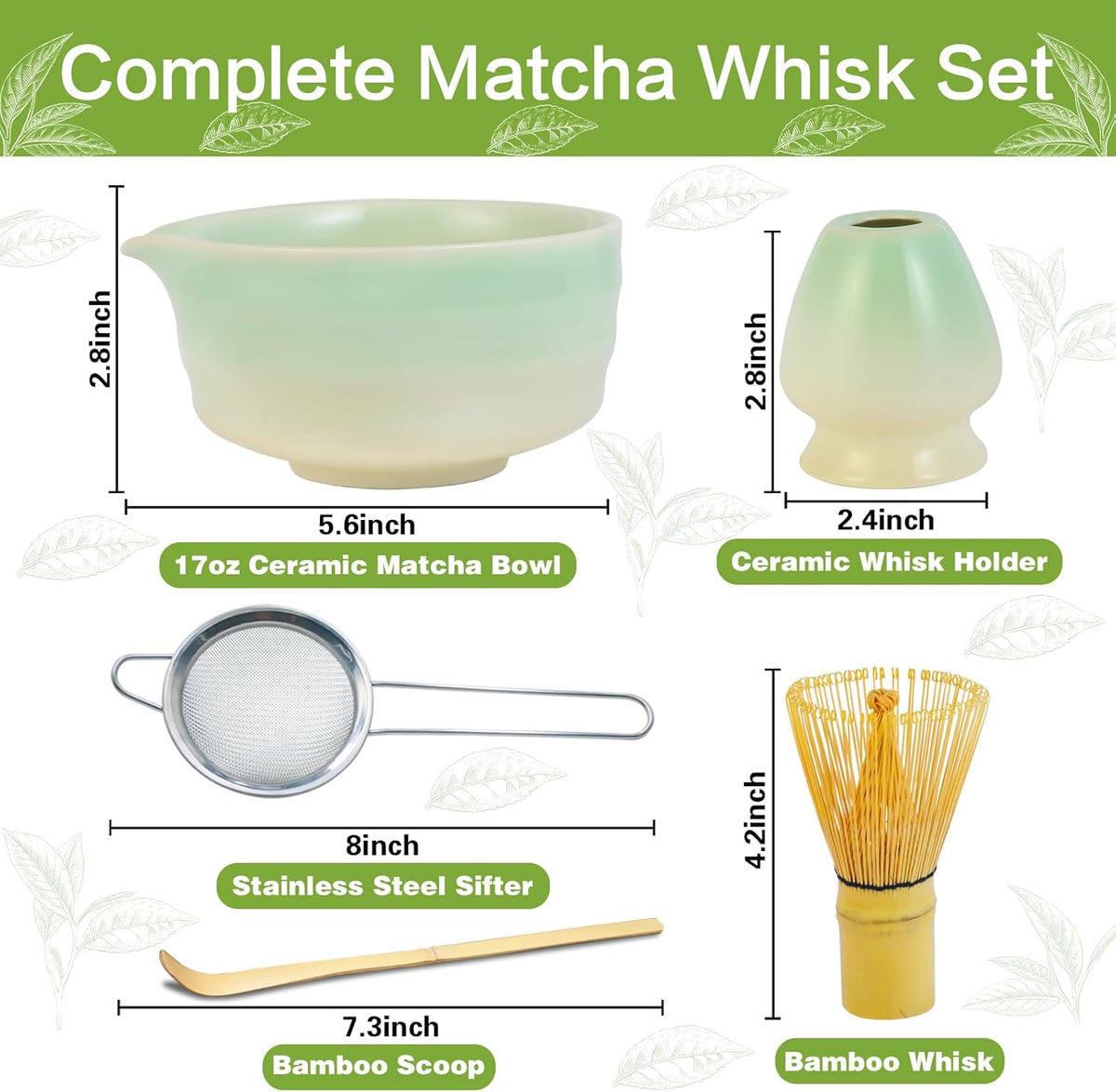 Matcha Whisk Set, Japanese Tea Set Includes Matcha Bowl with Spout, Bamboo Whisk, Ceramic Chasen Holder, Scoop, Sifter, 5 pcs Traditional Tea Making Kit for Matcha Lovers Gift for Women Men