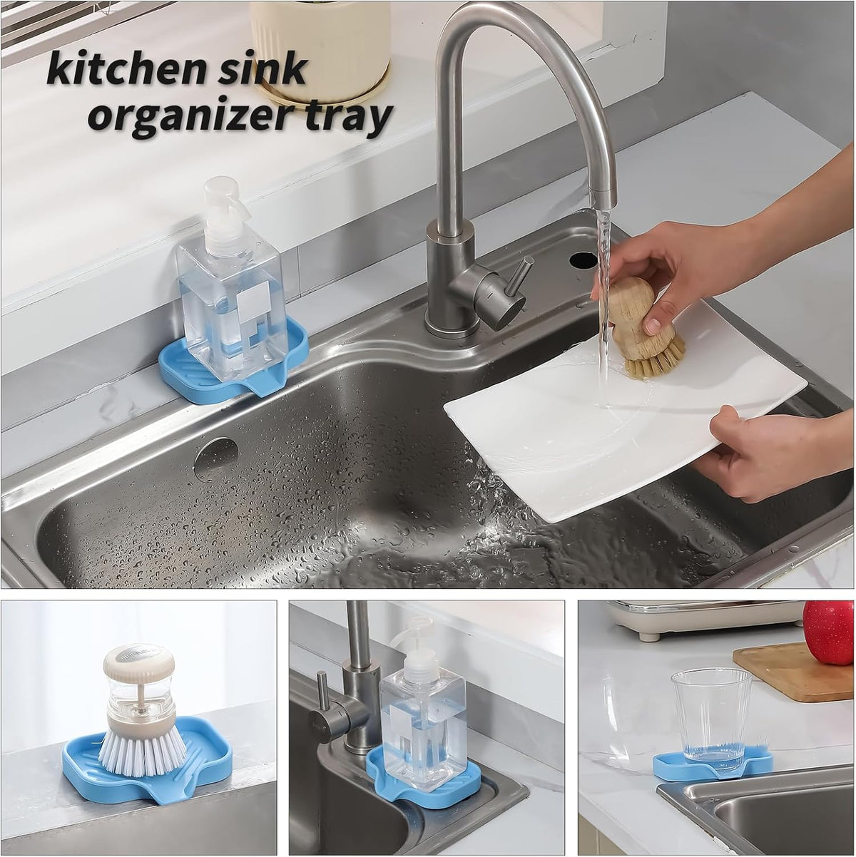 Silicone Bathroom Soap Dishes with Drain Spout-Bathroom and Kitchen Sink Organizer,Sponge Holder,Dish Soap Tray,Perfect for Dispenser,Scrubber,Bottle on Sink or Counter-Light Blue 4.9"×3.2"