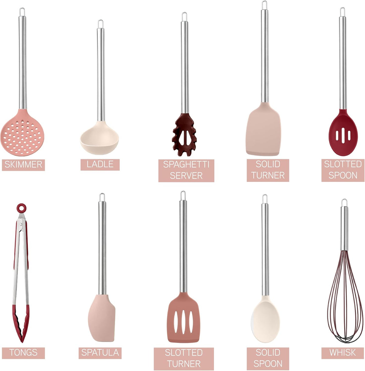 COOK WITH COLOR Silicone Cooking Utensils, Kitchen Utensil Set, Easy to Clean Silicone Kitchen Utensils, Cooking Utensils for Nonstick Cookware, Kitchen Gadgets Set, 10 Pieces, Rose