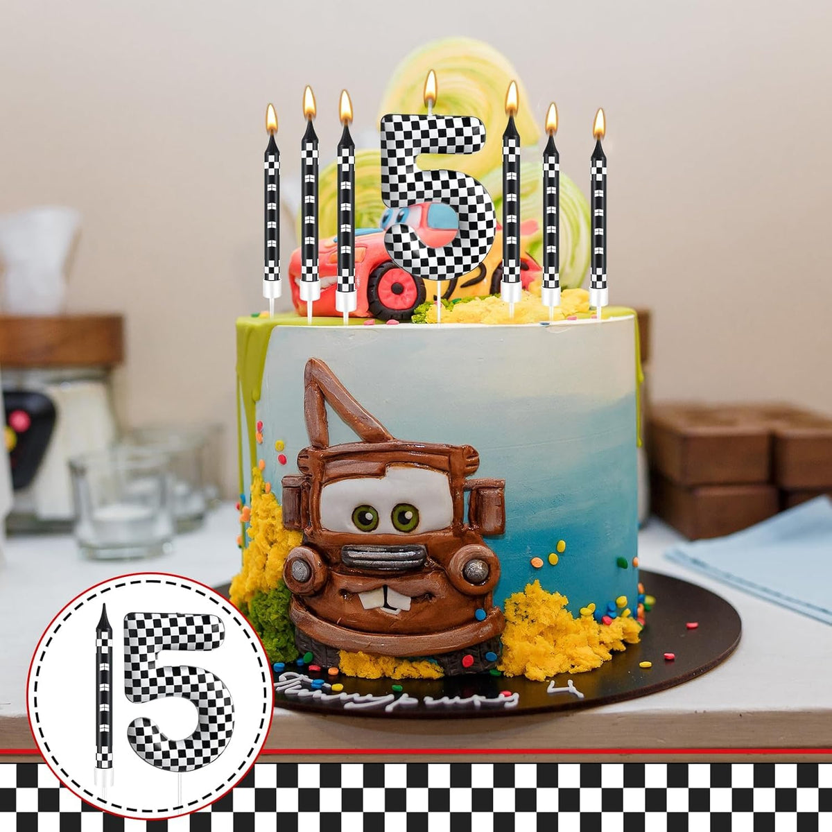 13 Pcs Racing Cars Themed Birthday Candles Black and White Race Number 5 Checkered Candle Cake Topper for Racing Car Party Decoration Supplies (Number 5)