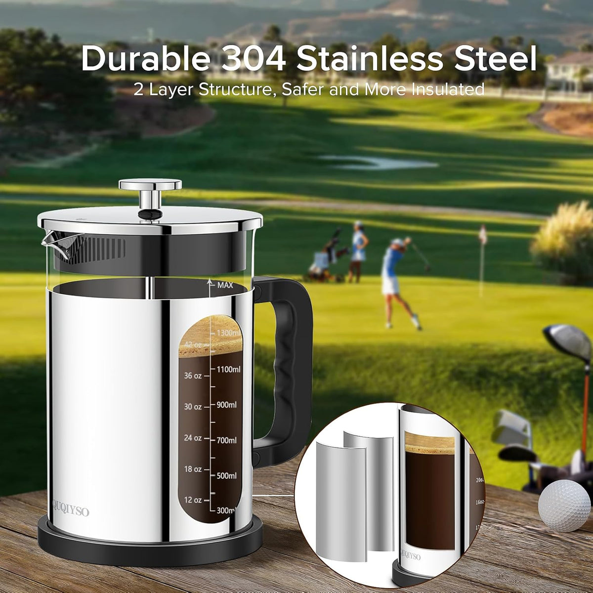 QUQIYSO French Press Coffee Maker 51oz 304 Stainless Steel French Press with 4 Filter, Borosilicate Glass Coffee Press