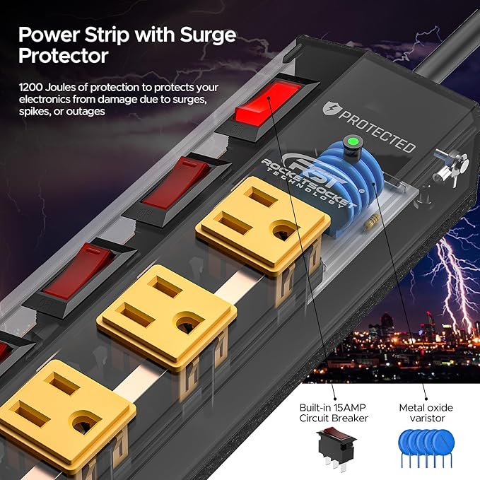 CRST 8 Outlet Heavy Duty Power Strip with Individual Switches, 15A/1875W Metal Power Strip Surge Protector with Circuit Breaker (1200 Joules), 6 FT 14AWG Extension Cord and Mounting Bracket