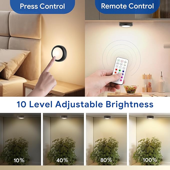 Yiliaw LED Puck Lights with Remote Control, AA Battery Operated Lights, 12 Color Closet Under Cabinet Lighting, Push Tap Light, Under Counter Light for Kitchen, 12 Pack, Black