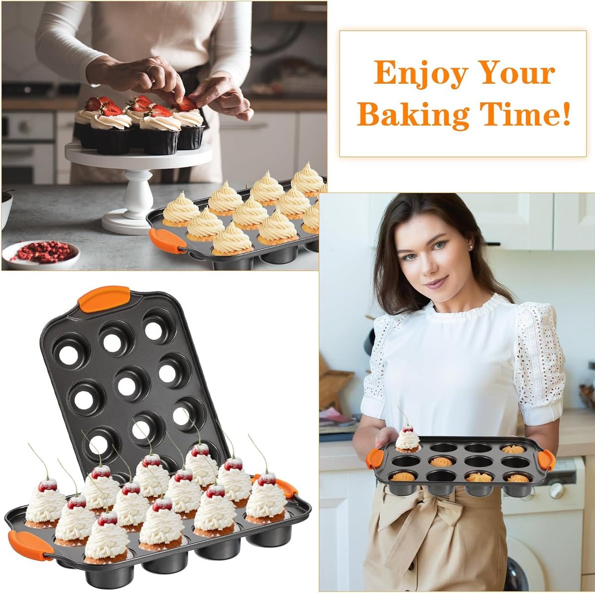2Pack Mini Cheesecake Pans Removable Bottom Mini Cupcake Pans, 12 Cavity Minii Cheesecake Molds with Silicone Handle Nonslip Muffin Pan Baking Supplies