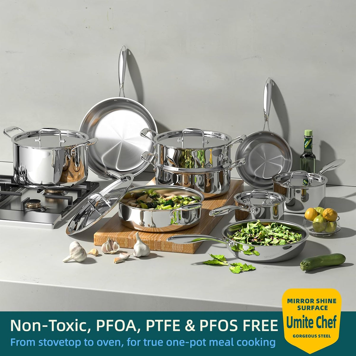 Umite Chef Stainless Steel Cookware Set, 5 Ply 14 Piece Stainless Steel Pot and Pan Set-Induction, Heavy Chef Quality, Oven Safe | Professional Kitchen Cooking Appliances, PFOA, PTFE & PFOS Free