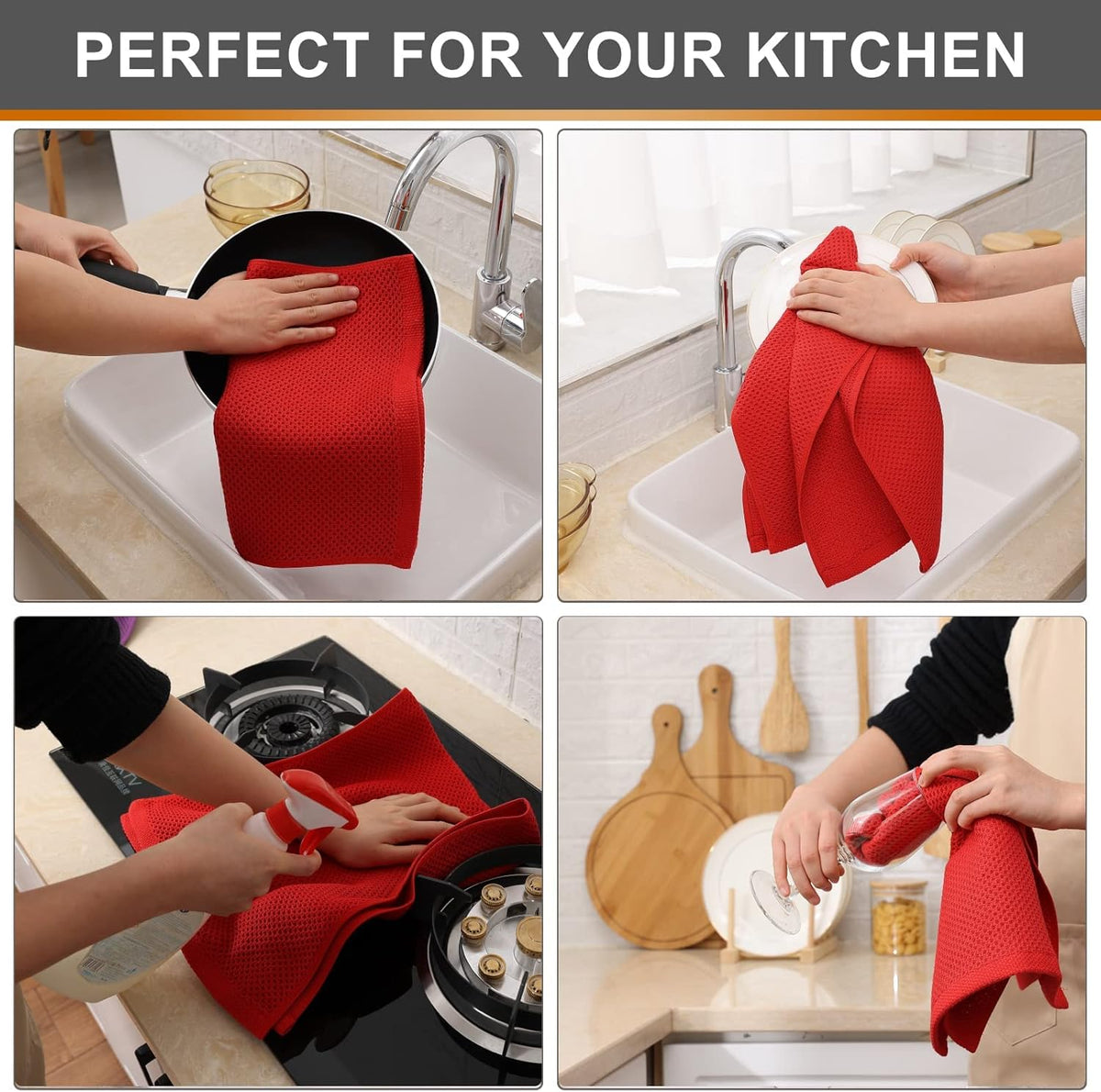 Kitinjoy 100% Cotton Waffle Weave Kitchen Towels, 6-Pack Super Soft and Absorbent Dish Towels for Drying Dishes, Kitchen Hand Towels, 13 in x 28 in, Red