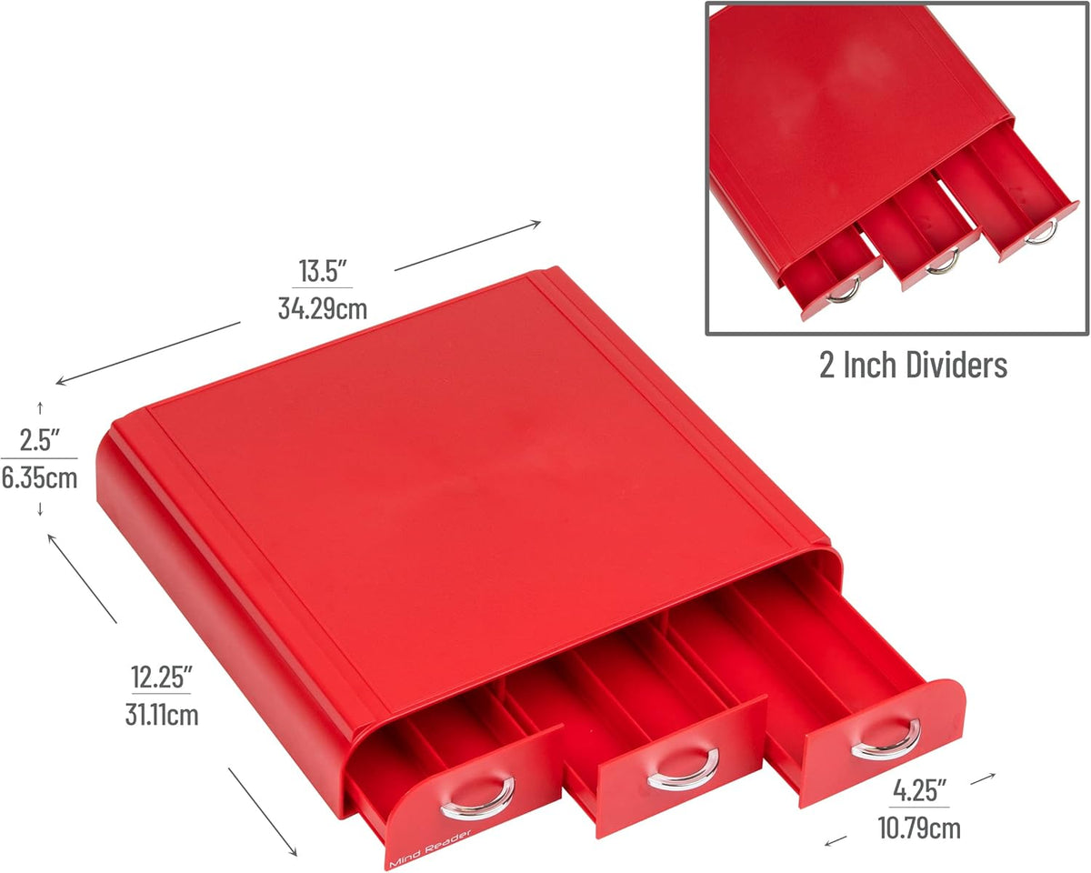 Mind Reader Single Serve Coffee Pod Organizer with 3 Drawers, 36 Pod Capacity, Countertop, 13.5"L x 12.25"W x 2.5"H, Red