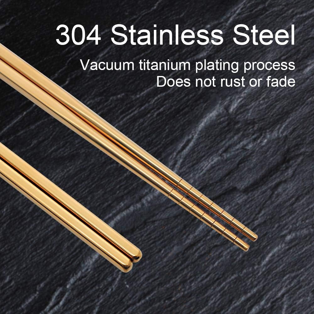 Stainless Steel Chopsticks Reusable Multicolor Lightweight 304 Metal Chopsticks Dishwasher Safe - 5 Pairs (Rose Gold)