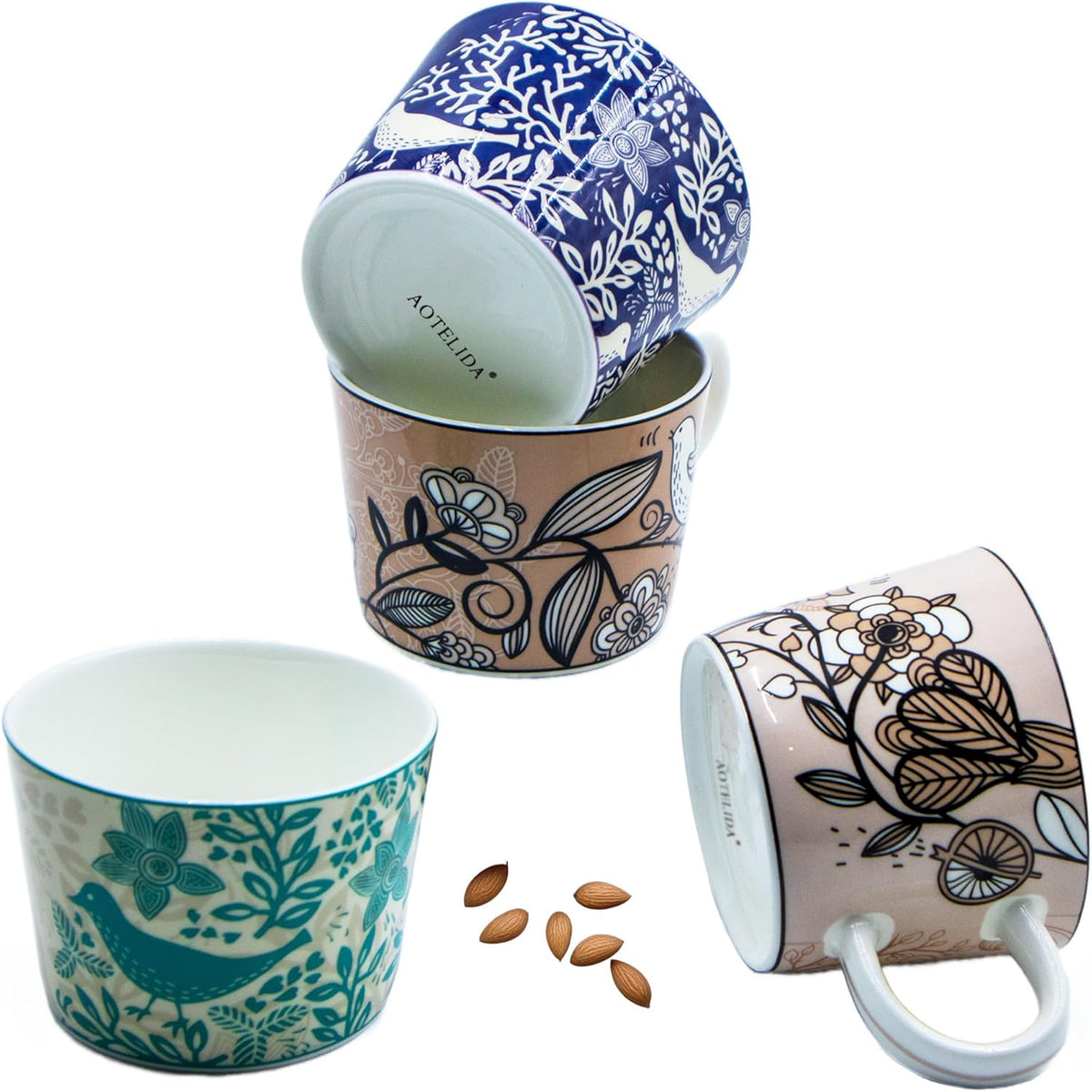 11 oz Mugs Set of 4 Porcelain Coffee Mugs Flower Mug Handle Oatmeal Milk Breakfast cup Painted Bone China Round Coffee cup